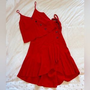 Red Linen Skirt Set: Wrap Skirt and Tank Top